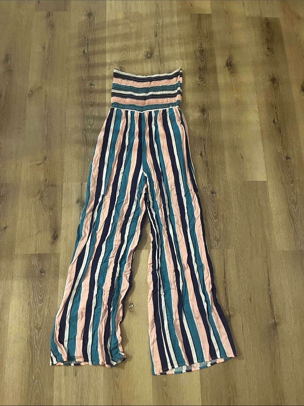 Peach Love California Strapless Wide-Leg Jumpsuit in Pink & Teal Stripes